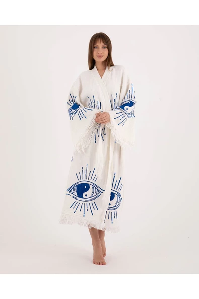 Bornoz ,Plaj Kıyafeti,Kimono , Kaftan ,SabahlıkMAvi  Ying Yang NAzar Göz Desen Baskılı - 4