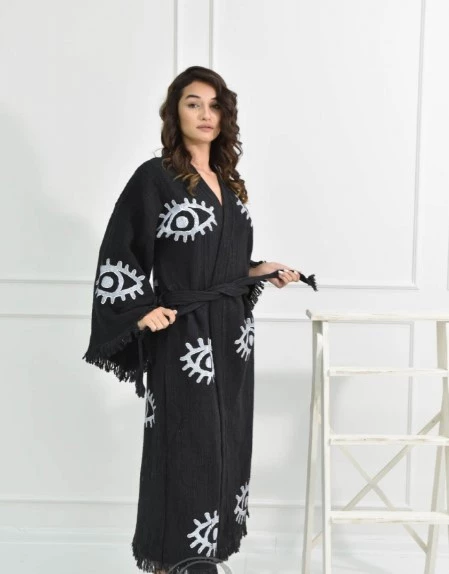 Bornoz ,Plaj Kıyafeti,Kimono , Kaftan ,Sabahlık Siyah Kumaş Büyük Göz  Desen Baskılı - 3