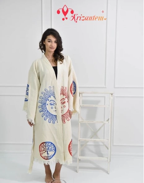 Bornoz ,Plaj Kıyafeti,Kimono , Kaftan ,Sabahlık  Kırmızı Mavi Güneş Desen Baskılı - 2
