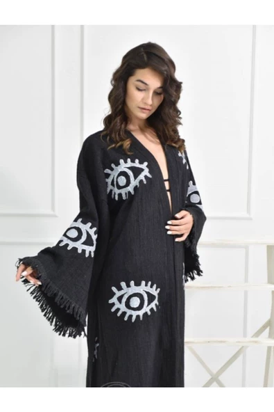 Bornoz ,Plaj Kıyafeti,Kimono , Kaftan ,Sabahlık Siyah Kumaş Büyük Göz  Desen Baskılı - 2