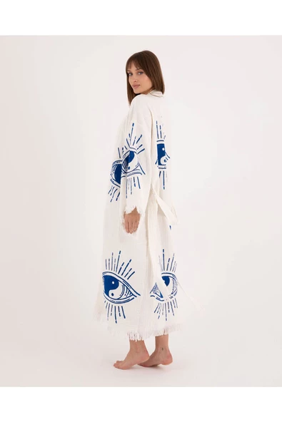 Bornoz ,Plaj Kıyafeti,Kimono , Kaftan ,SabahlıkMAvi  Ying Yang NAzar Göz Desen Baskılı - 3