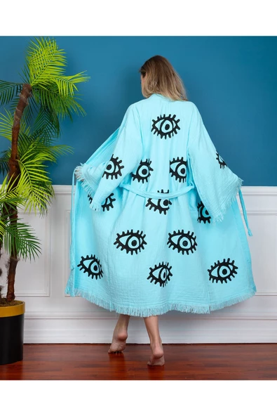 Bornoz ,Plaj Kıyafeti,Kimono , Kaftan ,Sabahlık Turkuaz Kumaş Naturel Göz Desen Baskılıı - 2