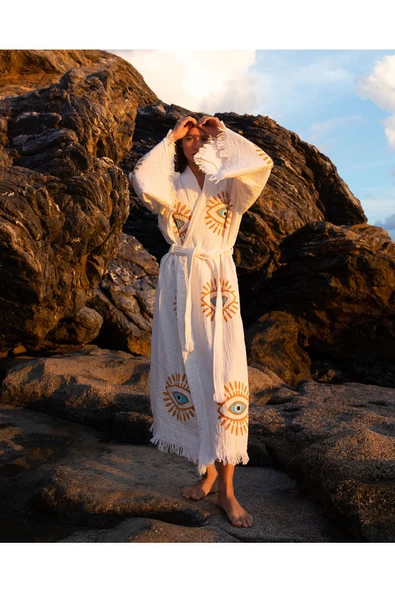 Bornoz ,Plaj Kıyafeti,Kimono , Kaftan ,Sabahlık Altın NAzar Göz Baskılı - 2