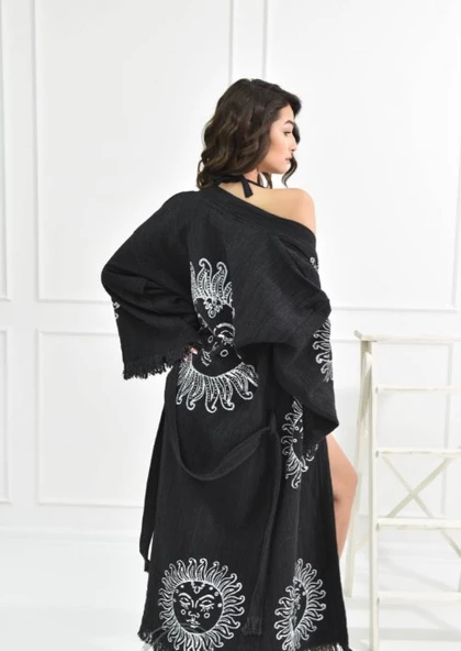 Bornoz ,Plaj Kıyafeti,Kimono , Kaftan ,Sabahlık Siyah Kumaş Güneş  Desen Baskılı - 3