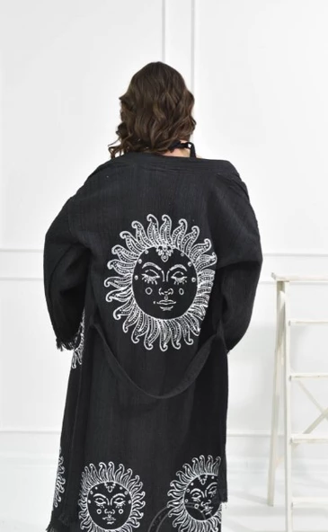 Bornoz ,Plaj Kıyafeti,Kimono , Kaftan ,Sabahlık Siyah Kumaş Güneş  Desen Baskılı - 2