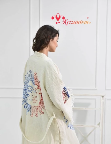 Bornoz ,Plaj Kıyafeti,Kimono , Kaftan ,Sabahlık  Kırmızı Mavi Güneş Desen Baskılı - 3