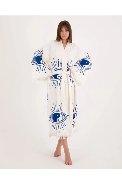 Bornoz ,Plaj Kıyafeti,Kimono , Kaftan ,SabahlıkMAvi  Ying Yang NAzar Göz Desen Baskılı - 5