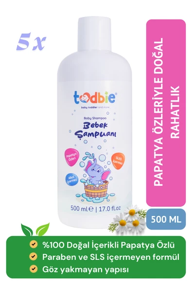Todbie Bebek Saç & Vücut Şampuanı, Antimikrobiyal Analiz Raporlu, Göz Yakmayan,Alkolsüz,Parabensiz,Sles içermeyen şampuan  5 x 500 ml