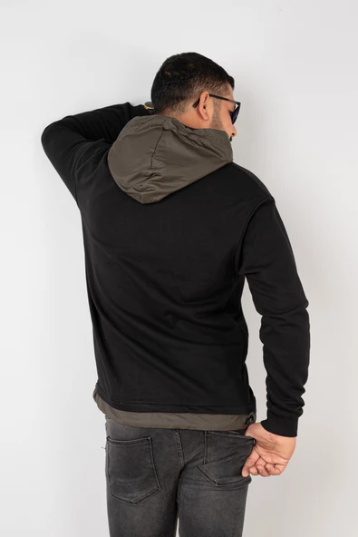 KAPŞONLU SİYAH RENK REGULAR FİT ERKEK SWEATSHİRT - 5