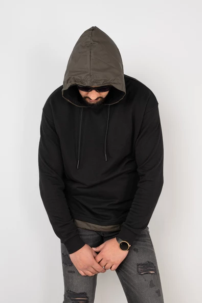 KAPŞONLU SİYAH RENK REGULAR FİT ERKEK SWEATSHİRT - 4