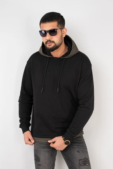 KAPŞONLU SİYAH RENK REGULAR FİT ERKEK SWEATSHİRT - 2