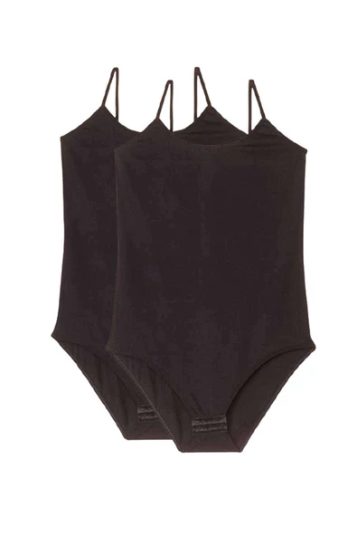 2 Adet Battal Beden İp Askılı Kadın Çıtçıtlı Body Siyah ürün görseli