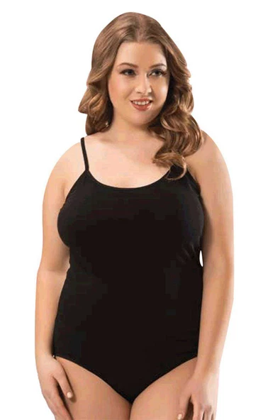 2 Adet Battal Beden İp Askılı Kadın Çıtçıtlı Body Siyah - Resim 2