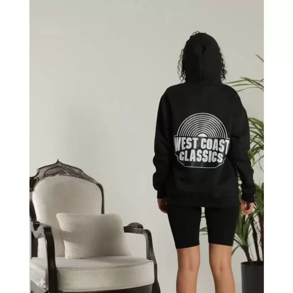 Lucky Life Unisex Sırt Baskılı Kapüşonlu Üç İplik Oversize Sweatshirt - Siyah