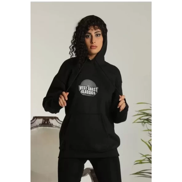 Lucky Life Unisex Sırt Baskılı Kapüşonlu Üç İplik Oversize Sweatshirt - Siyah - 2