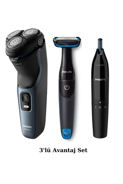 PHİLİPS S3144/00 Islak/Kuru Sinek Kaydı Tıraş Makinesi- Banyo Vücut Bakım - Kulak/Burun Tüy Kesme 3'Lü Set ürün görseli 1