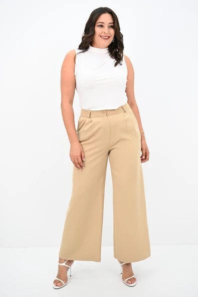 Kadın Pileli Yüksek Bel Bol Paça Pantolon 6299-25 - 8