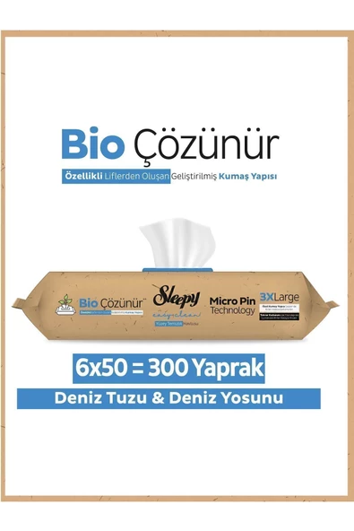 Sleepy Easy Clean Bio Çözünür Deniz Tuzu Ve Deniz Yosunu Yüzey Temizlik Havlusu 6x50 (300 YAPRAK)