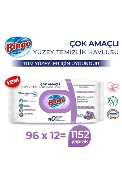 Bingo Pratik Yüzey Temizlik Havlusu Arap Sabunu Katkılı Lavanta 96x12 (1152 YAPRAK)