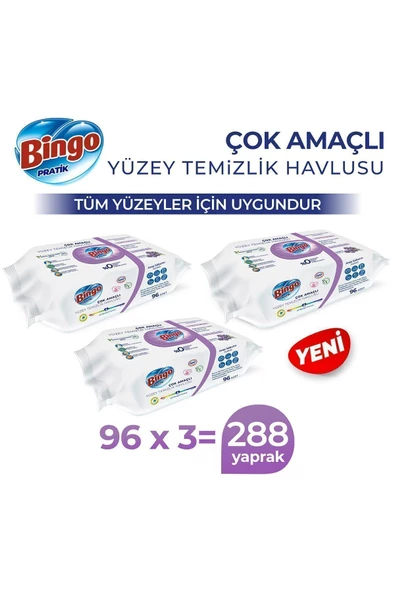 Bingo Pratik Yüzey Temizlik Havlusu Arap Sabunu Katkılı Lavanta 96x3 (288 YAPRAK)