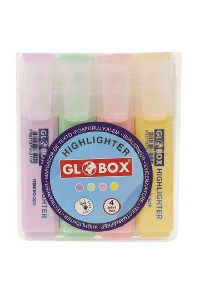 Globox Fosforlu Kalem İşaretleme Kalemi Kesik Uç Pastel Renk Karışık Renk (4 lü paket)