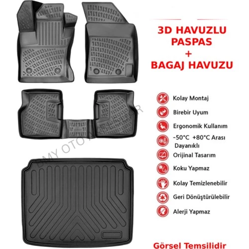 Rizline Seat Leon Ince Stepne 2005-2012 3D Araca Özel Paspas ve Bagaj Havuzu Bmy