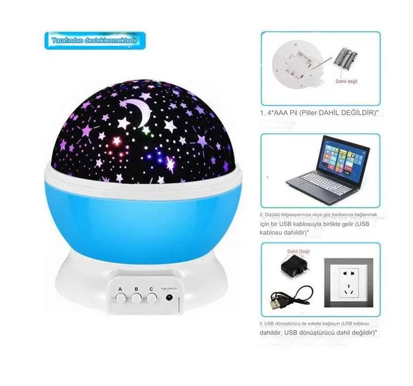 qasul Dekoratif Çocuk Odası Gece Lambası Led Projeksiyon Gece Lambası Dönen Ay Yıldız Led Mavi - 3