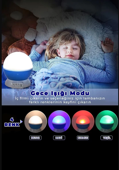 qasul Dekoratif Çocuk Odası Gece Lambası Led Projeksiyon Gece Lambası Dönen Ay Yıldız Led Mavi - 6