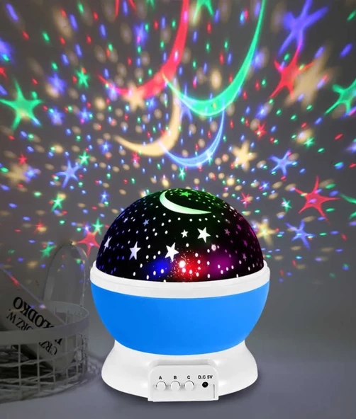 qasul Dekoratif Çocuk Odası Gece Lambası Led Projeksiyon Gece Lambası Dönen Ay Yıldız Led Mavi - 2