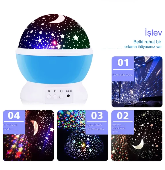 qasul Dekoratif Çocuk Odası Gece Lambası Led Projeksiyon Gece Lambası Dönen Ay Yıldız Led Mavi - 4