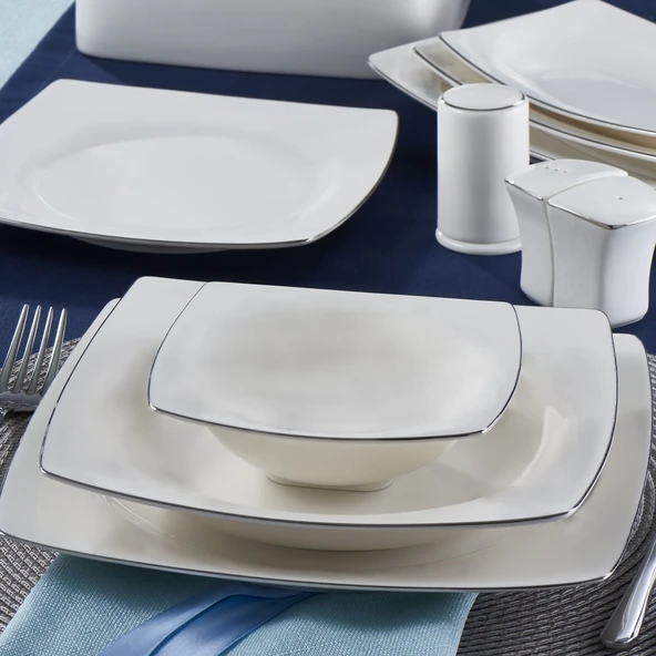 GÜRAL PORSELEN Caroline 62 Parça 12 Kişilik Kare Yemek Takımı Gümüş Yaldız 220 - Resim 3