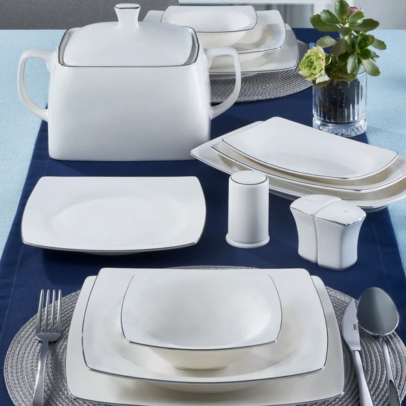 GÜRAL PORSELEN Caroline 62 Parça 12 Kişilik Kare Yemek Takımı Gümüş Yaldız 220 ürün görseli 1