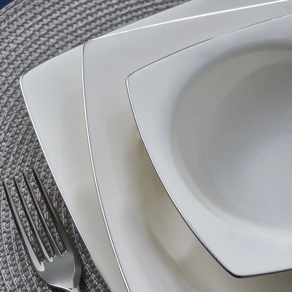 GÜRAL PORSELEN Caroline 62 Parça 12 Kişilik Kare Yemek Takımı Gümüş Yaldız 220 - Resim 4