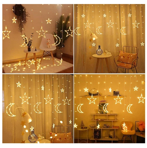 5 Metre Ay Yıldız Perde LED Işık Animasyonlu  Fişli Yıldızlı Saçaklı LED Perde Süsleme - 2