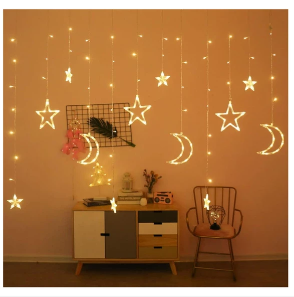5 Metre Ay Yıldız Perde LED Işık Animasyonlu  Fişli Yıldızlı Saçaklı LED Perde Süsleme - 5