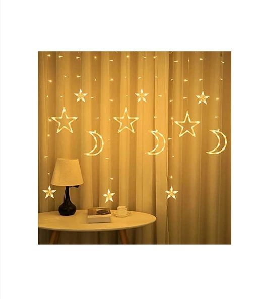 5 Metre Ay Yıldız Perde LED Işık Animasyonlu  Fişli Yıldızlı Saçaklı LED Perde Süsleme - 3
