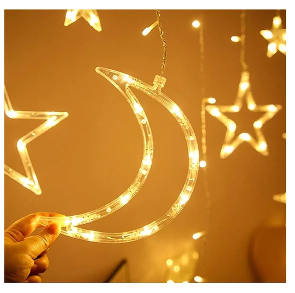 5 Metre Ay Yıldız Perde LED Işık Animasyonlu  Fişli Yıldızlı Saçaklı LED Perde Süsleme - 4