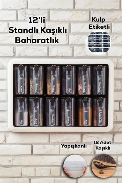 Porsima 1165 Simple Baharatlık Standlı 12 Li Kendinden Yapışkanlı Kaşıklı Kapaklı Baharatlık Takımı-Etiketli Baharatlık- ürün görseli 1