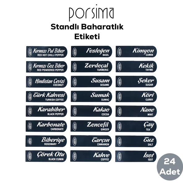 Porsima 1165 Simple Baharatlık Standlı 12 Li Kendinden Yapışkanlı Kaşıklı Kapaklı Baharatlık Takımı-Etiketli Baharatlık- - 4