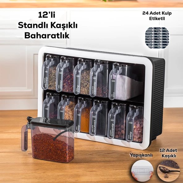 Porsima 1165 Simple Baharatlık Standlı 12 Li Kendinden Yapışkanlı Kaşıklı Kapaklı Baharatlık Takımı-Etiketli Baharatlık-