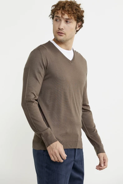 Erkek V Yaka Basic Triko Kazak - Vizon - 4