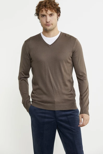 Erkek V Yaka Basic Triko Kazak - Vizon