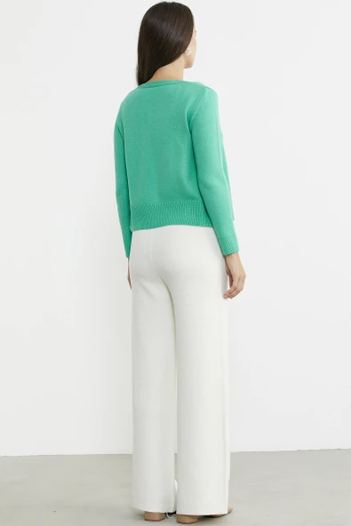 Bol Paça Lastikli Yünlü Triko Pantolon - Kemik - Resim 5