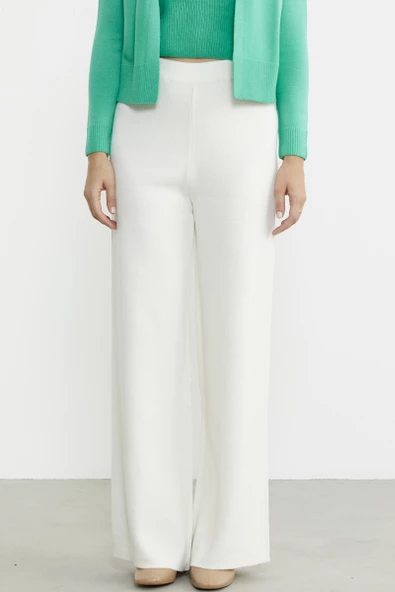 Bol Paça Lastikli Yünlü Triko Pantolon - Kemik - Resim 3