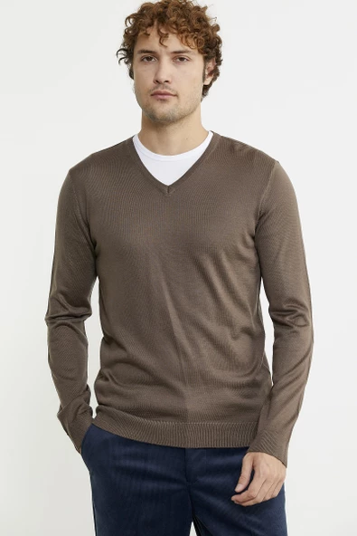 Erkek V Yaka Basic Triko Kazak - Vizon - 2