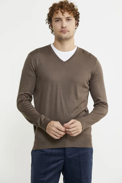 Erkek V Yaka Basic Triko Kazak - Vizon - 3