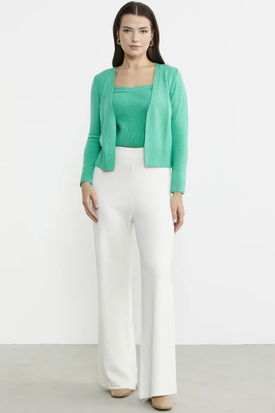 Bol Paça Lastikli Yünlü Triko Pantolon - Kemik - Resim 2