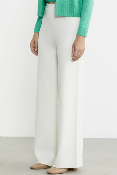 Bol Paça Lastikli Yünlü Triko Pantolon - Kemik - Resim 4