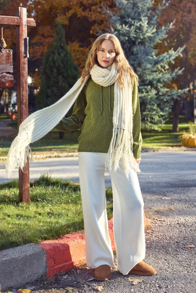 Bol Paça Lastikli Yünlü Triko Pantolon - Kemik ürün görseli 1