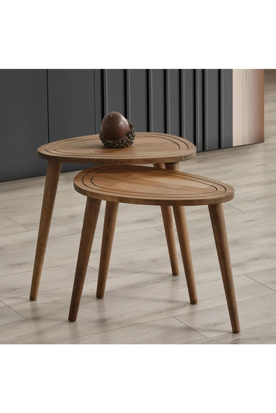 Sweet Masif Doğal Ahşap Zigon Sehpa 2'li Set, Modern Masif Yan Sehpa - 2